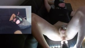 Puppy plays with his new fuck machine while locked in chastity cage