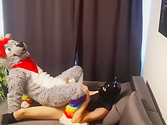 Fursuiter riding hunk pup bareback