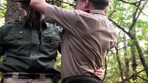Hot DILF barebacks cute scout in forest