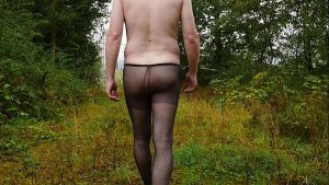 Outdoors walking the forest trail stripping off pantyhose tights with cumshot (Part 2)