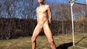 naked pathetic slave in penis cage outdoor peeing and cumshot