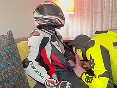 Biker gear blowjob and cum gloves