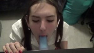 SchoolGirl Cosplay Sucks And Fucks A Dildo.