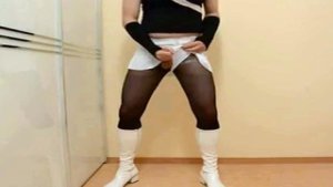Crossdresser twink wanks in pantyhose and cums hard