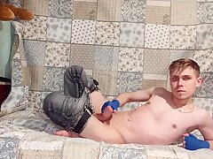 Man In Jeans And Boxer Bandages Jerks Off And Comes Twice